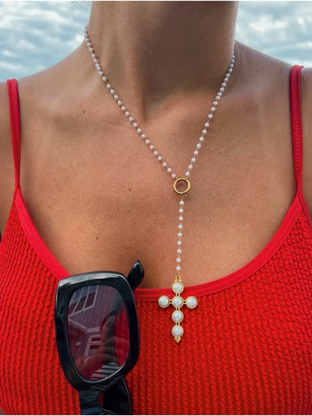 NEW 18k gold filled White Pearl Cross  Necklace - Women Jewelry